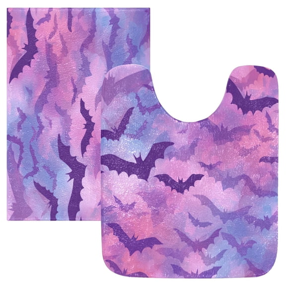 2 Piece Soft Bathroom Rug Set Purple and Pink Bats Bath Mat and U-Shaped Toilet Contour Rug (16"x24" 20"x24")