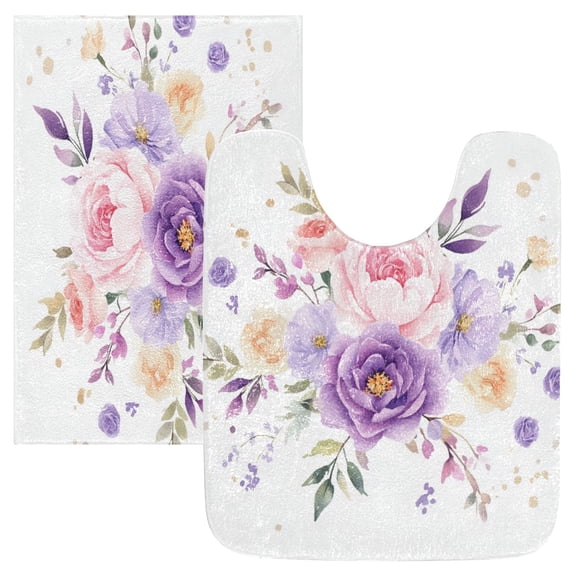 2 Piece Soft Bathroom Rug Set Purple and Pink Roses Bath Mat and U-Shaped Toilet Contour Rug (16"x24" 20"x24")