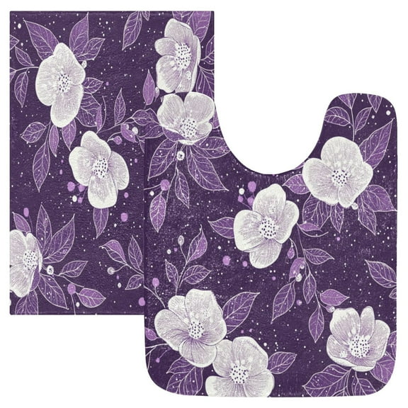 2 Piece Soft Bathroom Rug Set Purple and White Floral Pattern Bath Mat and U-Shaped Toilet Contour Rug (16"x24"+20"x24")