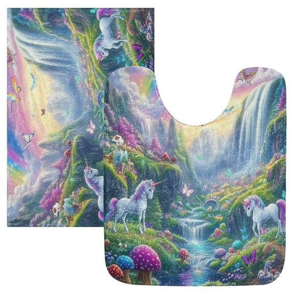 2 Piece Soft Bathroom Rug Set Rainbow-colored Valley Bath Mat and U-Shaped Toilet Contour Rug (16"x24"+20"x24")