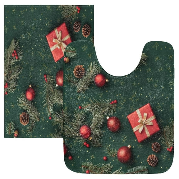 2 Piece Soft Bathroom Rug Set Red Balls and Branches Bath Mat and U-Shaped Toilet Contour Rug (16"x24"+20"x24")