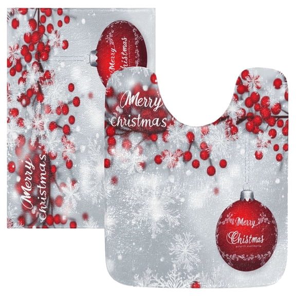 2 Piece Soft Bathroom Rug Set Red Berries and Ornament Bath Mat and U-Shaped Toilet Contour Rug (16"x24" 20"x24")
