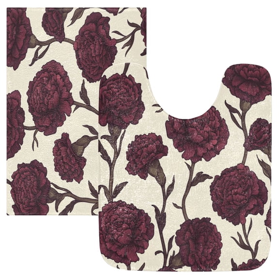 2 Piece Soft Bathroom Rug Set Red Carnations Pattern Bath Mat and U-Shaped Toilet Contour Rug (16"x24" 20"x24")