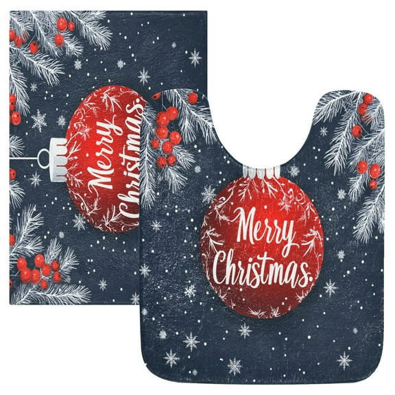 2 Piece Soft Bathroom Rug Set Red Christmas Ornament Bath Mat and U-Shaped Toilet Contour Rug (16"x24" 20"x24")