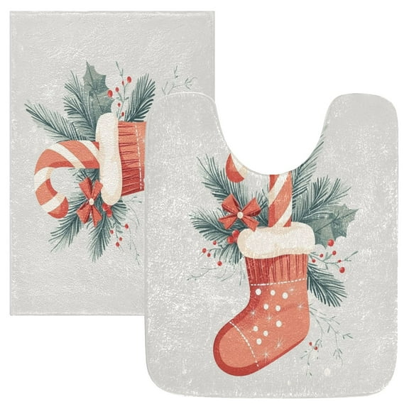 2 Piece Soft Bathroom Rug Set Red Christmas Socks Bath Mat and U-Shaped Toilet Contour Rug (16"x24" 20"x24")