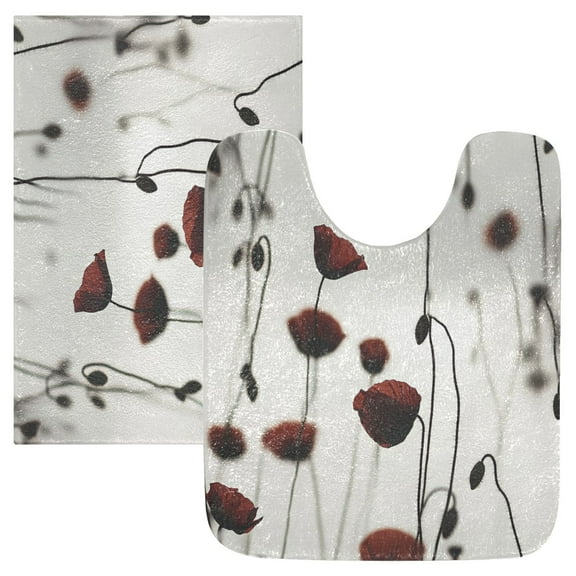 2 Piece Soft Bathroom Rug Set Red Flower Bath Mat and U-Shaped Toilet Contour Rug (16"x24" 20"x24")