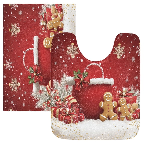 2 Piece Soft Bathroom Rug Set Red Gift Bag Bath Mat and U-Shaped Toilet Contour Rug (16"x24" 20"x24")