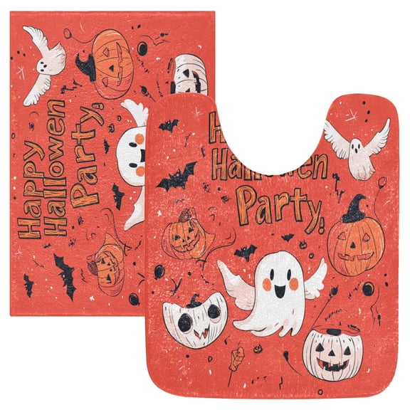 2 Piece Soft Bathroom Rug Set Red Halloween Pattern Bath Mat and U-Shaped Toilet Contour Rug (16"x24" 20"x24")