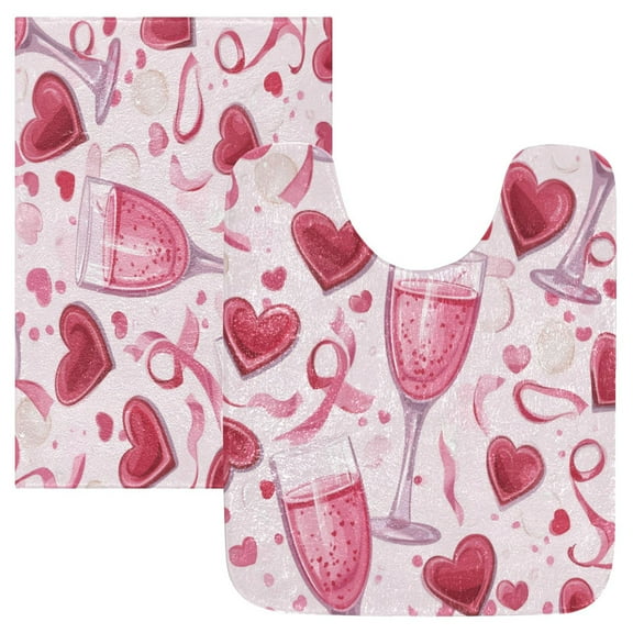 2 Piece Soft Bathroom Rug Set Red Heart-shaped Bubbles Bath Mat and U-Shaped Toilet Contour Rug (16"x24"+20"x24")
