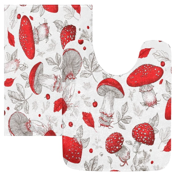 2 Piece Soft Bathroom Rug Set Red Mushrooms Pattern Bath Mat and U-Shaped Toilet Contour Rug (16"x24" 20"x24")