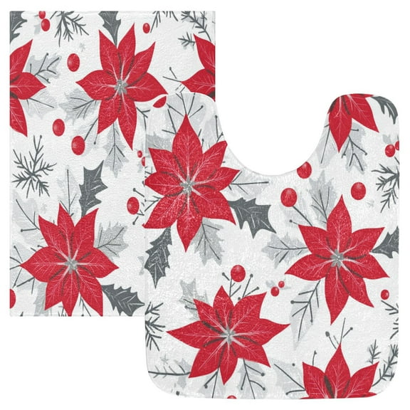 2 Piece Soft Bathroom Rug Set Red Poinsettia Pattern Bath Mat and U-Shaped Toilet Contour Rug (16"x24"+20"x24")