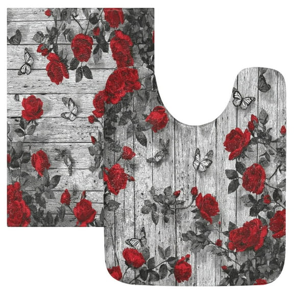 2 Piece Soft Bathroom Rug Set Red Roses and Butterflies Bath Mat and U-Shaped Toilet Contour Rug (16"x24" 20"x24")