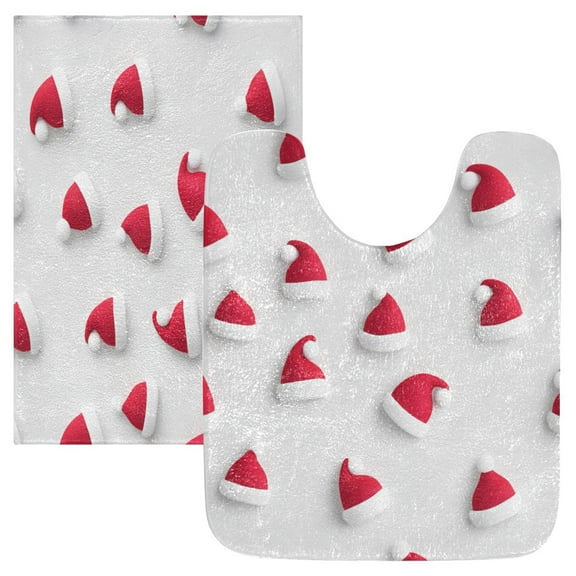 2 Piece Soft Bathroom Rug Set Red Santa Claus Pattern Bath Mat and U-Shaped Toilet Contour Rug (16"x24" 20"x24")