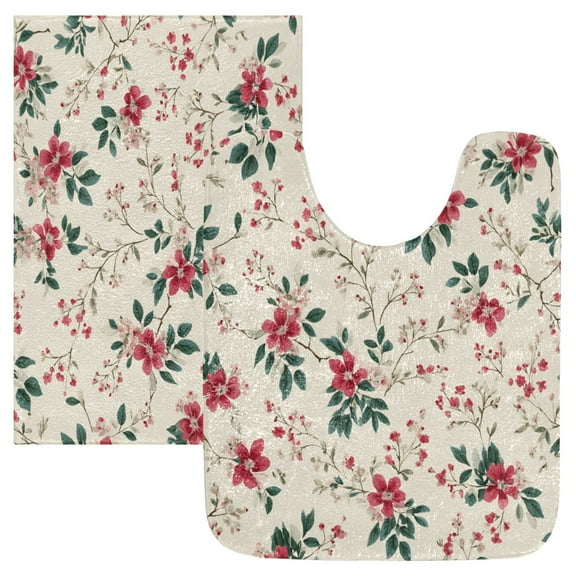 2 Piece Soft Bathroom Rug Set Red Small Floral Pattern Bath Mat and U-Shaped Toilet Contour Rug (16"x24" 20"x24")