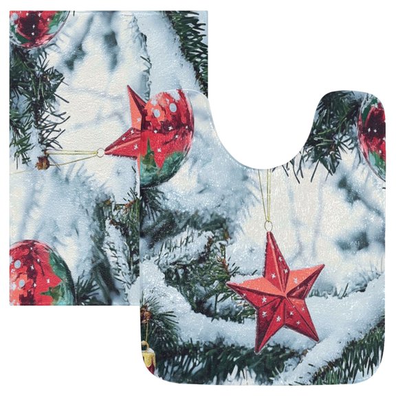 2 Piece Soft Bathroom Rug Set Red Star-shaped Christmas Ornament Bath Mat and U-Shaped Toilet Contour Rug (16"x24" 20"x24")