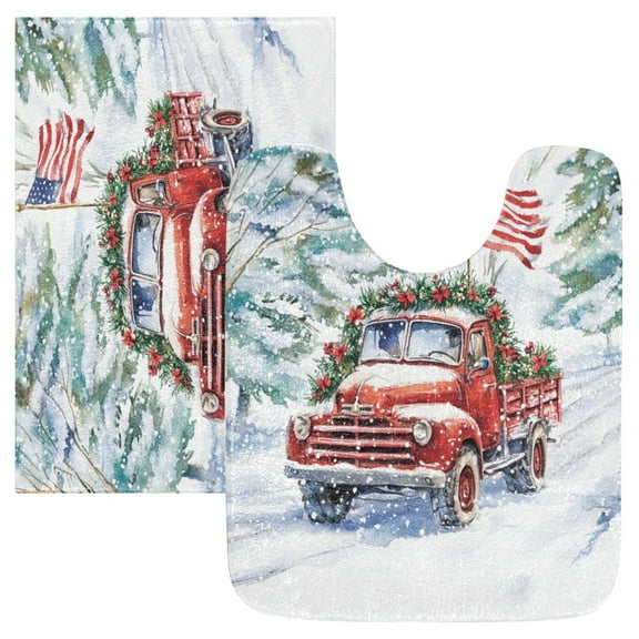2 Piece Soft Bathroom Rug Set Red Truck Bath Mat and U-Shaped Toilet Contour Rug (16"x24"+20"x24")