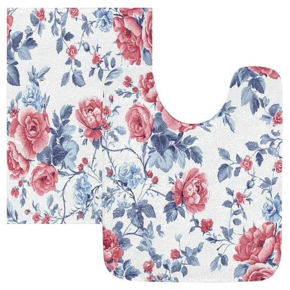 2 Piece Soft Bathroom Rug Set Red and Blue Floral Bath Mat and U-Shaped Toilet Contour Rug (16"x24"+20"x24")