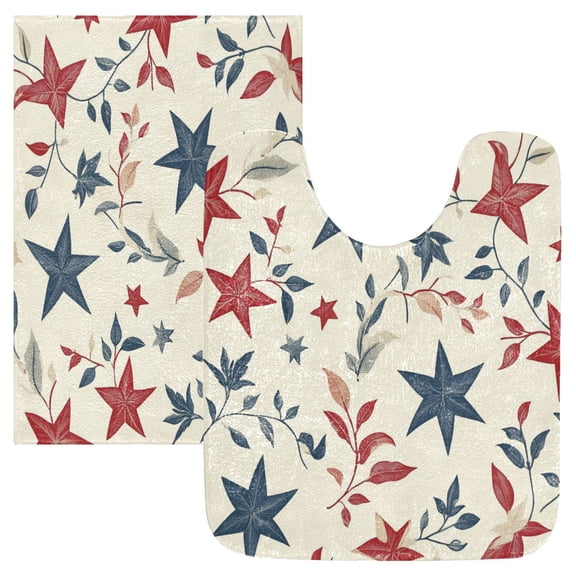 2 Piece Soft Bathroom Rug Set Red and Blue Leafy Designs Bath Mat and U-Shaped Toilet Contour Rug (16"x24" 20"x24")