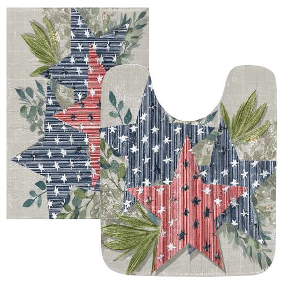 2 Piece Soft Bathroom Rug Set Red and Blue Stars Bath Mat and U-Shaped Toilet Contour Rug (16"x24" 20"x24")