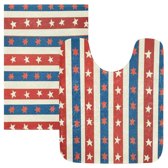 2 Piece Soft Bathroom Rug Set Red and Blue Striped Pattern Bath Mat and U-Shaped Toilet Contour Rug (16"x24" 20"x24")