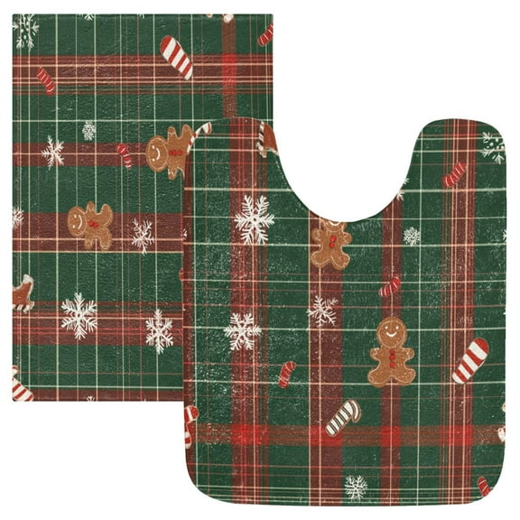 2 Piece Soft Bathroom Rug Set Red and Green Plaid Bath Mat and U-Shaped Toilet Contour Rug (16"x24" 20"x24")