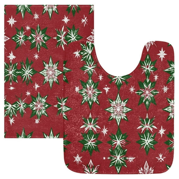 2 Piece Soft Bathroom Rug Set Red and Green Snowflakes Bath Mat and U-Shaped Toilet Contour Rug (16"x24"+20"x24")