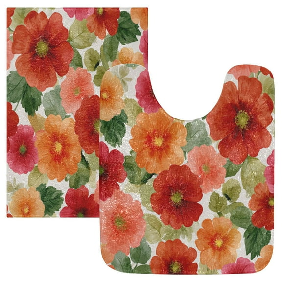 2 Piece Soft Bathroom Rug Set Red and Orange Flowers Bath Mat and U-Shaped Toilet Contour Rug (16"x24" 20"x24")