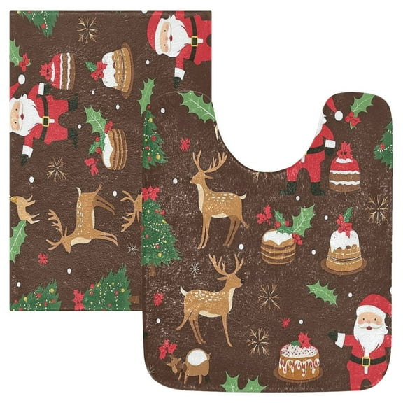 2 Piece Soft Bathroom Rug Set Reindeer and Santa Claus Bath Mat and U-Shaped Toilet Contour Rug (16"x24" 20"x24")