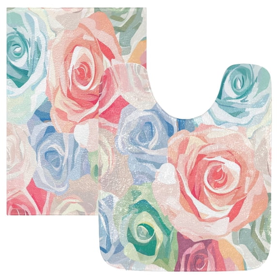 2 Piece Soft Bathroom Rug Set Roses Pattern Bath Mat and U-Shaped Toilet Contour Rug (16"x24" 20"x24")
