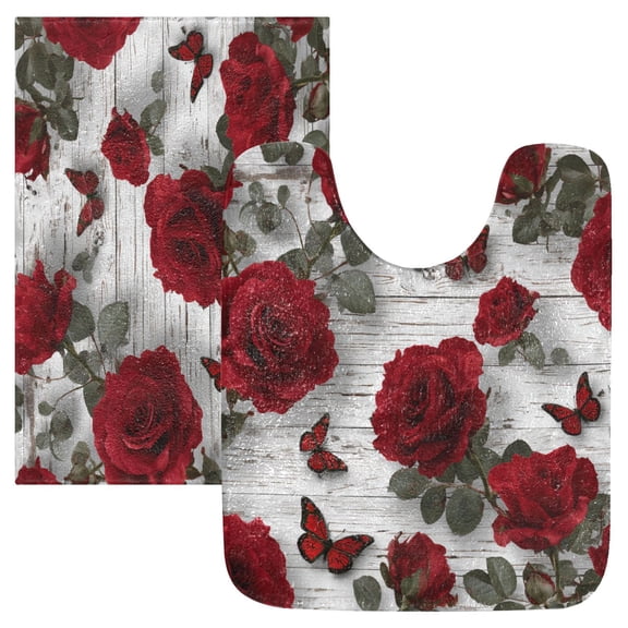 2 Piece Soft Bathroom Rug Set Roses and Butterflies Pattern Bath Mat and U-Shaped Toilet Contour Rug (16"x24" 20"x24")