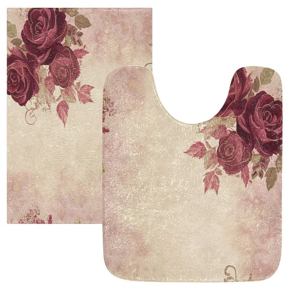 2 Piece Soft Bathroom Rug Set Roses and Leaves Bath Mat and U-Shaped Toilet Contour Rug (16"x24"+20"x24")