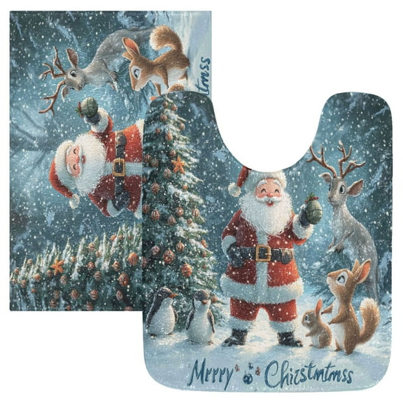 2 Piece Soft Bathroom Rug Set Santa Claus and Penguin Bath Mat and U-Shaped Toilet Contour Rug (16"x24" 20"x24")