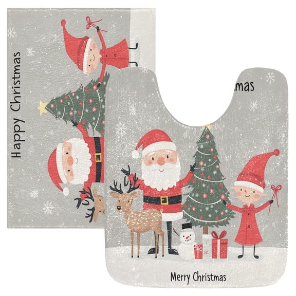 2 Piece Soft Bathroom Rug Set Santa Claus and Reindeer Bath Mat and U-Shaped Toilet Contour Rug (16"x24" 20"x24")