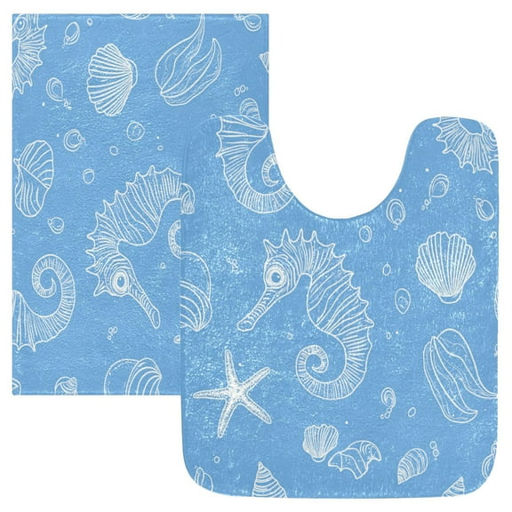 2 Piece Soft Bathroom Rug Set Seahorses Starfish and Shells Bath Mat and U-Shaped Toilet Contour Rug (16"x24" 20"x24")
