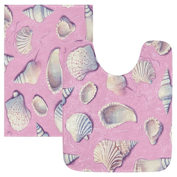 2 Piece Soft Bathroom Rug Set Seashells and Conch Shells Bath Mat and U-Shaped Toilet Contour Rug (16"x24"+20"x24")