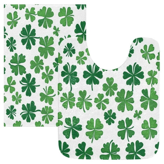 2 Piece Soft Bathroom Rug Set Shamrock Pattern Bath Mat and U-Shaped Toilet Contour Rug (16"x24" 20"x24")