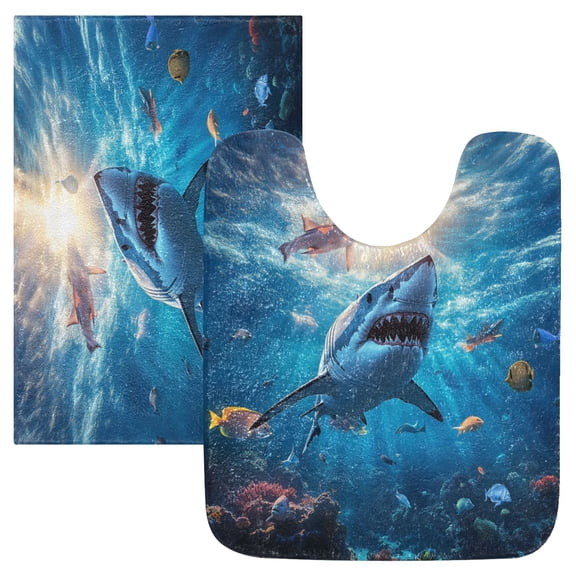 2 Piece Soft Bathroom Rug Set Shark Swimming in The Ocean Bath Mat and U-Shaped Toilet Contour Rug (16"x24"+20"x24")