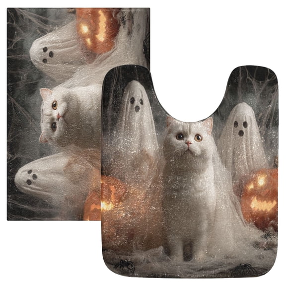 2 Piece Soft Bathroom Rug Set Shorthair Cat and White Gauze Bath Mat and U-Shaped Toilet Contour Rug (16"x24" 20"x24")