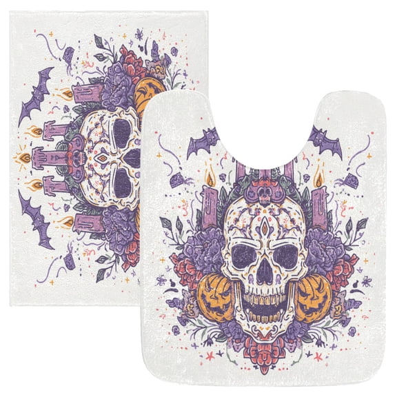 2 Piece Soft Bathroom Rug Set Skull with Candles Bath Mat and U-Shaped Toilet Contour Rug (16"x24" 20"x24")