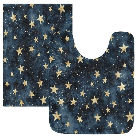 2 Piece Soft Bathroom Rug Set Small Gold Stars Pattern Bath Mat and U-Shaped Toilet Contour Rug (16"x24"+20"x24")