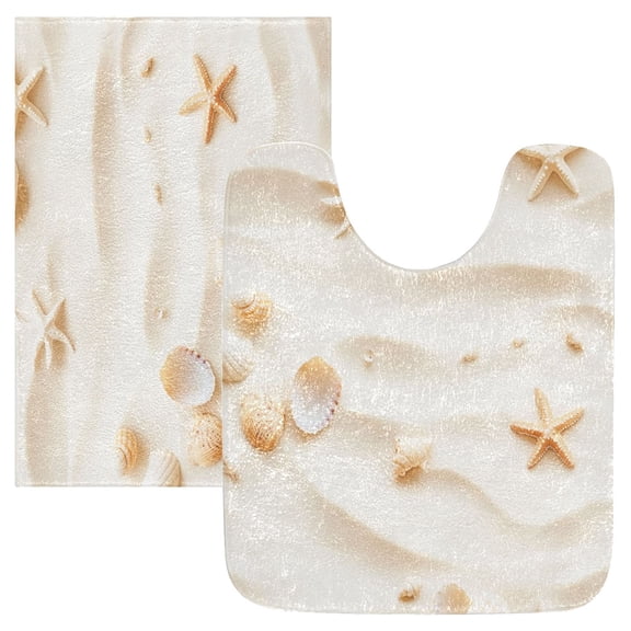 2 Piece Soft Bathroom Rug Set Small Shells and Starfish Bath Mat and U-Shaped Toilet Contour Rug (16"x24"+20"x24")