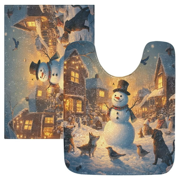 2 Piece Soft Bathroom Rug Set Snowman and Animals Bath Mat and U-Shaped Toilet Contour Rug (16"x24" 20"x24")