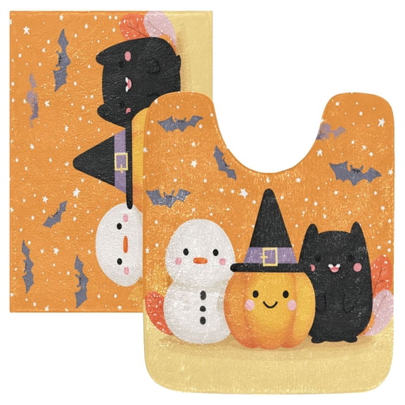 2 Piece Soft Bathroom Rug Set Snowman and Pumpkin Bath Mat and U-Shaped Toilet Contour Rug (16"x24" 20"x24")