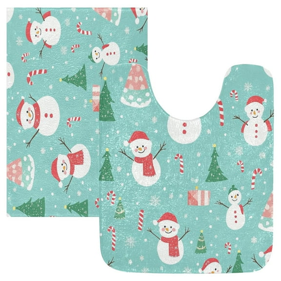 2 Piece Soft Bathroom Rug Set Snowmen and Candy Canes Bath Mat and U-Shaped Toilet Contour Rug (16"x24"+20"x24")