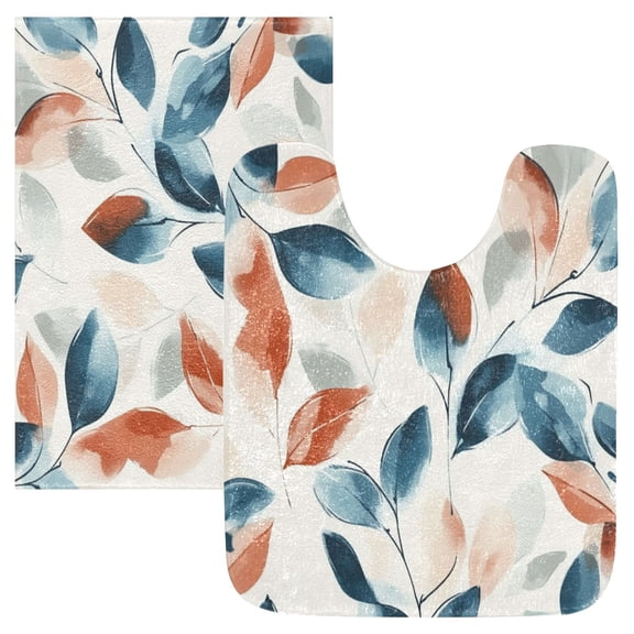 2 Piece Soft Bathroom Rug Set Soft Blue Watercolor Leaves Bath Mat and U-Shaped Toilet Contour Rug (16"x24" 20"x24")