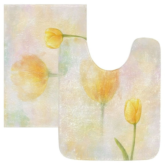 2 Piece Soft Bathroom Rug Set Soft Yellow Tulip Bath Mat and U-Shaped Toilet Contour Rug (16"x24" 20"x24")