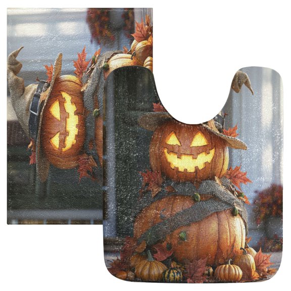 2 Piece Soft Bathroom Rug Set Spooky Halloween Scene Bath Mat and U-Shaped Toilet Contour Rug (16"x24"+20"x24")