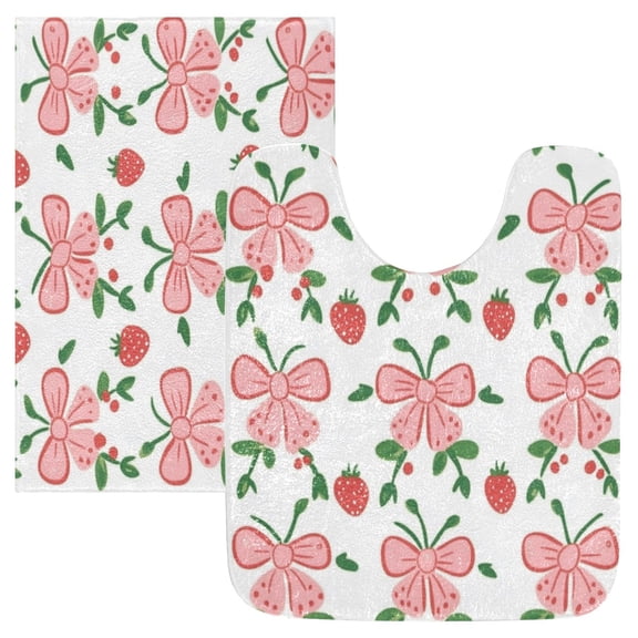 2 Piece Soft Bathroom Rug Set Strawberry Bow Pattern Bath Mat and U-Shaped Toilet Contour Rug (16"x24" 20"x24")