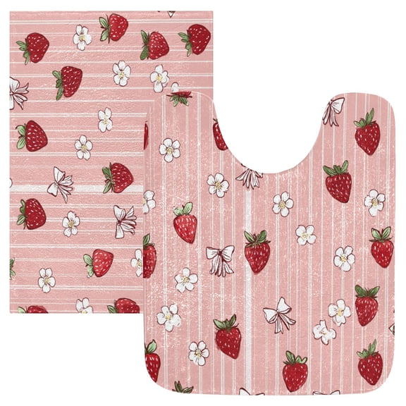 2 Piece Soft Bathroom Rug Set Strawberry and Flower Bath Mat and U-Shaped Toilet Contour Rug (16"x24" 20"x24")