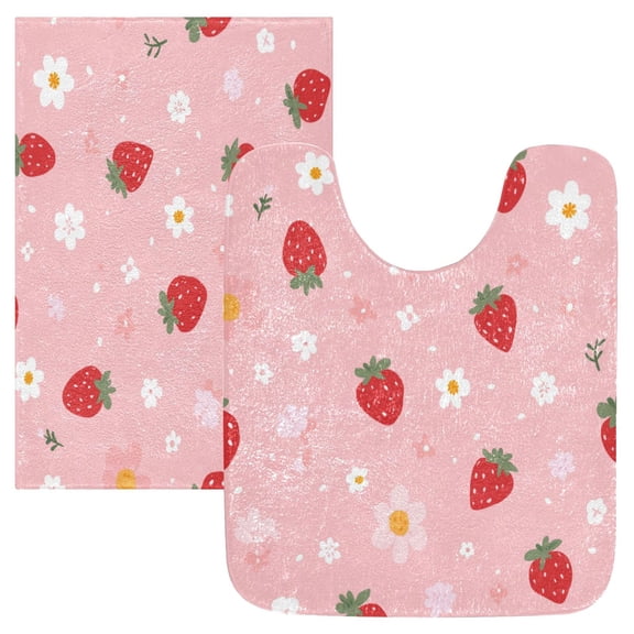 2 Piece Soft Bathroom Rug Set Strawberry and Flowers Bath Mat and U-Shaped Toilet Contour Rug (16"x24" 20"x24")